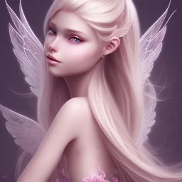  beautiful, soft, big smiling face, pink and brilliant atmosphere, long straight blond hair, big fairies transparent wings in the back