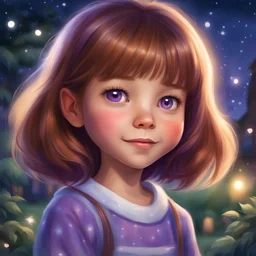 "Create a heartwarming and festive digital painting for a children's book illustrating a clear night in a backyard scenario. The central character is an 8-year-old girl named Zoe who is slim, energetic with waist-length straight chestnut hair featuring a 3cm purple streak on the left and straight cut bangs. Zoe's almond-shaped hazel eyes sparkle with curiosity, framed by thick 1cm eyelashes. Her fair, smooth skin is dotted with six freckles across her nose bridge. A playful, constant half-smile