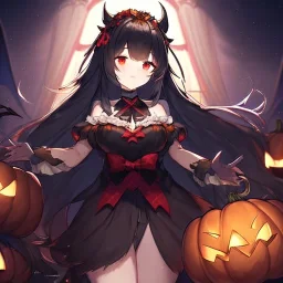 Clear focus, high resolution, black long fluffy hair, red eyes, wearing a halloween outfit