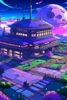 Center of festivals in another planet, extreme quality, day, beauty center, manga art style, draw, masterpiece, extreme detailed, buildings, a planet with buildings, purple grass in floor, night, anime art style