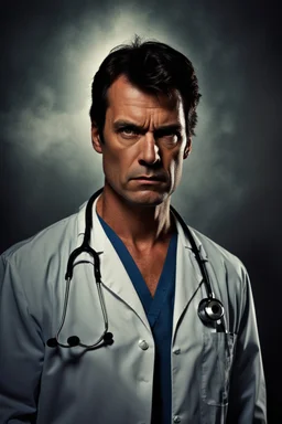 portrait of a 40 year old doctor with dark hair and a scowling expression, angry eyes