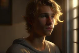 An atmospheric portrait of an athletic teen boy with honey brown eyes, messy golden blond hair, cute, innocent and thoughtful, leaning against a window, a hint of facial hair, sleeveless shirt, inside an empty room with warm sunlight streaming in, detailed, high definition, 4K, 8K, quality render