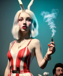 Ultra realistic photographic party portrait, sound club, wide-angle lens, couple, cinematic, happy blonde woman smoking a shisha pipe, accompanied by big white rabbit friend, hot, circus dress style, marihuana plants, color smoke, soft color, highly detailed, unreal engine 5, ray tracing, RTX, lumen lighting, ultra detail, volumetric lighting, high definition.