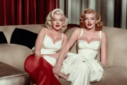 Marilyn Monroe sits on a sofa, between a brunette and a readhead, the brunette has small dark horns, the redhead has small red horns, they are two succubus. Marilyn stands quietly and happily between them