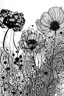 Ink drawing of abstract flowers, line drawing, black and white