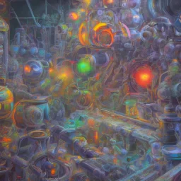 group of scientists is in the laboratory. invent new colors. smoke rises from multi-colored glassware. they are wearing overalls. color swatches in the background. hyperdetailed, orange and teal, warm colors, detailed painting, photorelistic, oil on canvas, light dust, futuristic. volumetric lighting