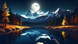 autumn night, Boreal Forest,lake, valley,moonlight,low poly,reflections,dramatic scene
