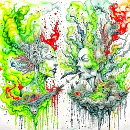 Create an artwork where asymmetrical watercolor images of Syringe injection, cocain, cigarrates and weed merge with distorted human figures, submerged in swirling waves of dark, heavy brushstrokes, conveying the loss of control and disintegration caused by substance abuse.