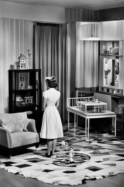 A tall housewife looking down at a doll house on the floor of a 1950s living room. In the style of the 1950s black-and-white movie The Incredible Shrinking Man.