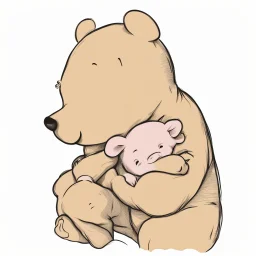 simple line drawing of Winnie the pooh cuddling piglet. White background.