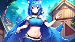 Girl look like wolf, wolf paws on hand, red eyes, animal paws, wolf ears, wolf tail,blue hair, open navel, house, forest, collar on neck.