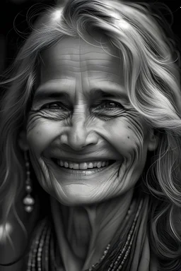 a woman in her mid-forties, her face adorned with the gentle marks of wisdom and experience. Lines around her eyes tell tales of laughter and joy, and a few strands of silver gracefully weave through her hair, a testament to the passage of time embraced with grace. Her eyes, warm and inviting, sparkle with a deep well of kindness and understanding. They reflect a serene spirituality, a reservoir of inner peace that emanates from within.