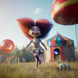 Ultra realistic circus scene. Sweet big hair monster flying. Child’s playing, smile, happy, color bubbles, smooth color, waist up view, Wes Anderson style, a lot of people background, highly detailed, concept art, unreal engine 5, god rays, ray tracing, RTX, lumen lighting, ultra detail, volumetric lighting, 3d, finely drawn, high definition, high resolution.