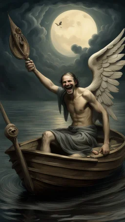 Charon in his boat wearing laughing angel