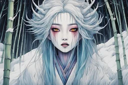 full color front facing portrait of a Yuki-Onna possessed woman with highly detailed hair and slim, narrow facial features, in a haunted snow clad, winter mountain bamboo forest, pierced by shafts of moonlight , art in the style of Alex Pardee, spirited away, studio ghibli, , 8k , finely detailed and precise line work, soft gauzy pastel colors