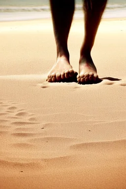 bare big feet walking on sand from back