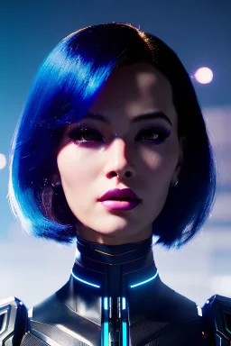 Futuristic cyborg, portrait from waist up, vibrant hair color, vibrant eyeshadow color, intricate eyeliner, vibrant eyeshadow, clear completion, soft lighting, 4k resolution, intricate details, insanely detailed, colorful cityscape background, masterpiece, expert, cinematic smooth, retroanime style, realistic details, no helmet