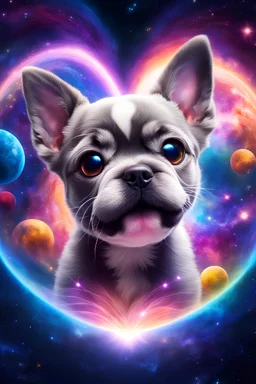 large eyed happy puppy grey frenchton in the distance a colorful intricate HEART shaped planet similar to earth in a brig ażht nebula, sparkles, cinematic lighting, vast distances, swirl, fairies, magical darkness, sharp, depth, jellyfish, cinematic eye view