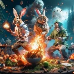 infernal portrait of chopped crazy scientist and army officer shooting food inside grove with huge fluffy levitating yoga hare with nightmare mutations getting blasted by explosions, 4 k, down-light, soft light, depth of field, photo realism, trending on art station, high detail, spray paint