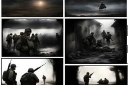 Masterpiece1:5)(Fineart), (award-winning:1.5), highest quality, (ultra realism:1.5) war journalism(,(by Tim Page and Hoorst Faas:1.5))(photorealistic:1.8),RAW pictures (Eastern Ukraine:(panel one:the moment after a battle ends, horrors of war, wounded men),(2nd panel, cinematic shot of men sitting in trench with 1000 yard stare (focus on their eyes:1.5)),(the third panel shows troops tired but hyper alert), (the fourth panel shows the sky is filled with incessant, fire and smoke,)