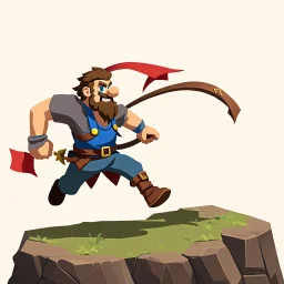 Male Fantasy RPG character, chaabi kawaii Mario proportions, lord of the rings inspiration, Vandyke beard, with a long ribbon held out in front as he runs from behind a large rock at an angle, isometric game