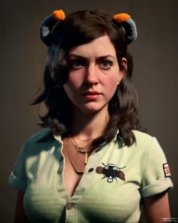 Portrait, Irish waitress woman with monster muppet mask that covers her entire head, retro style, Sesame Street style, black, smooth, unreal engine 5, god lights, ray tracing, RTX, lumen lighting, ultra detail, volumetric lighting, 3d.