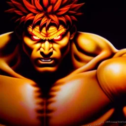 Ultra detailed fullbody Portrait in oil on canvas of Street Fighter- Akuma,extremely detailed digital painting,ultrarealistic skin,intense stare, extremely detailed face, crystal clear eyes, mystical colors ,perfectly centered image, perfect composition, rim light, beautiful lighting,masterpiece ,8k, stunning scene, raytracing, anatomically correct, in the style of Simon Bisley and Ohrai Noriyoshi and robert e howard and Steve Jung and frank frazetta.