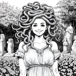 Make black and white cute drawing of a Medusa with black bold lines. Only outline, no grayscale. A Medusa with a head full of smiling, tiny snakes, instead off a hair! She’s standing in a garden of stone statues that she has lovingly decorated with flowers, showing a gentle personality.