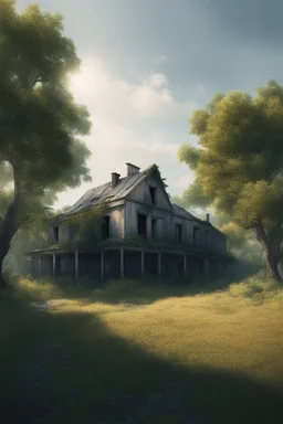 evershine, A place of rest, trees, an abandoned tilted building in the distance