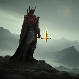 Sauron, the mighty lord of darkness, standing on a rock in the dark land of Mordor, a super-hero man of infinite power and technology of the galactic race, with a great army, a large moon disk behind him, and a fiery sword in his hand