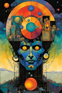 Create a chaotic abstract cubist Tarot Card depicting a post apocalyptic, The Juggler , with highly detailed facial features, in the style of Bill Sienkiewicz, Philippe Druillet, Gustav Klimt, and Jean Giraud Moebius, precisely drawn, colored and inked