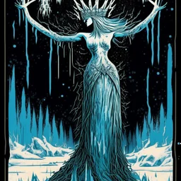 The ice queen's embrace, by Godmachine, abstract heavy metal art, surreal sketch, tarot card aesthetic, cold colors, minimalism,