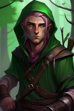 Male wood elf, rogue assassin, light brown skin, bright green eyes, mauve hair, hooded, sneaky, trees, stoner, long bow, black leather straps, disheveled