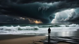A lone figure stands on a deserted beach, gazing out at a turbulent ocean under a stormy sky. The figure's silhouette is stark against the dramatic backdrop, emphasizing a sense of isolation. The inner world is suggested by subtle, swirling colors within the silhouette, contrasting with the harsh reality of the external environment. Rendered in a photorealistic style with intense atmospheric lighting, capturing the raw power of nature and the quiet solitude, surreal, weird