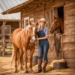 Beautiful blonde female farmer on a horse farm in Texas wearing tight denim overalls and wearing cowboy boots holding a horse's front leg and shoeing a hoof, surrounded by a wooden fence yard and bales of hay and hay, in the background of a typical ranch house