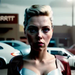 Ultra Realistic retro sci-fi movie burst Supermarket parking scene, 1960 year, waist up view portrait, blonde woman, sweet scarlet Johansson face, perfect iris, glow eyes, face makeup, tight latex coat; many panic people looking, Retro sci-fi style, soft color, highly detailed, unreal engine 5, ray tracing, RTX, lumen lighting, ultra detail, volumetric lighting, 3d, finely drawn, high definition, high resolution.