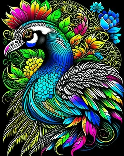 colorful peacock, black backwound, adult book cover