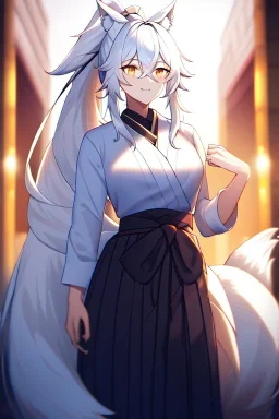 fox girl, masterpiece, best quality, cinematic lighting, detailed outfit, vibrant colors, perfect eyes, golden eyes, long hair, white hair, messy hair, hair between eyes, depth of field, ray tracing, ponytail, hakama, tails,