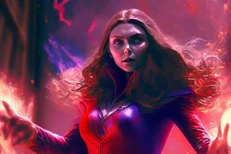 Feiticeira escarlate, wanda Marvel, elizabeth olsen, 4k render, vilã, manipulando magia, raiva, corpo inteiro, olhos marcantes, mãos atirando magia do caos vermelha, cidade de destruição, cores frias, cinematográfico, dramático