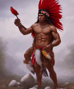 Guaicaipuro, native american god warrior, long black hair, big muscles, red feathers headdress, shirtless, holding a stone tip spear