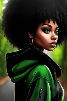 HYPER REALISTIC Graffiti, closeup, WHIMSICAL DIGITAL ILLUSTRATION, HD, HIGH CONTRAST CHIBI STYLE STUNNING AFRICAN AMERICAN WOMAN WITH BEAUTIFUL large, green-colored EYES, fierce makeup, black shoulder length curly hair, LONG LASHES AND LIP GLOSS WEARING An OVERSIZED black and gray sweatsuit, WALKING FORWARD along a wooded path BACKGROUND, REALISTIC TEXTURE, CREATIVE, CINEMATIC, PHOTOGRAPHY SEAMLESS.