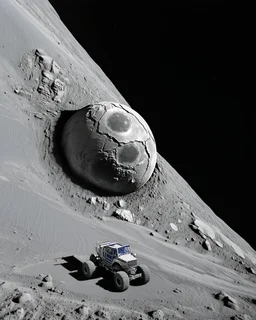 High-altitude lunar reconnaissance satellite image of a young impact crater with larger regolith along right ride. A damaged metallic alien sphere with fracture lines like an egg. organic growth across regolith and up crater walls. Along the lower frame edge a small modern bare-bones lunar-vehicle sits near the rim with visible wheel tracks. comic pencils