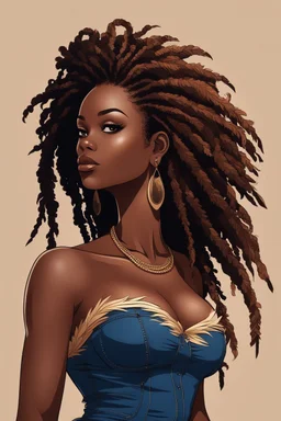 create a silhouette art illustration of a curvy black female wearing Tight blue jeans and a hazel brown off the shoulder blouse. Prominent make up with long lashes and hazel eyes. She is wearing brown feather earrings. Highly detailed long black shiny dread locs