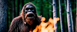 close up of a bigfoot in documentary photography, burned trees, Wildfire, Smoke, burning, forest fire, August 1995, Yeti, Dystopian, Japanese, Extreme depth of field, bokeh blur, Alberta, all-natural, in the style of candid, imperfection, natural lighting, Professional shot, shot on Agfa, Fuji Film, Anamorphic lens --ar 4:5 --w 150 --style raw