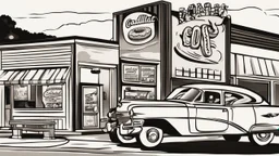 Cartoon old cadillac donut store sunset