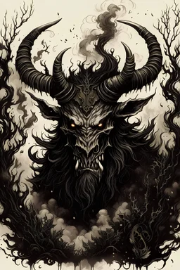 Picture of Minotaur covered in vines leveling up with flames and smoke, the horns are thorny and covered in spikes and the image is in a gothic ink style with a serious atmosphere