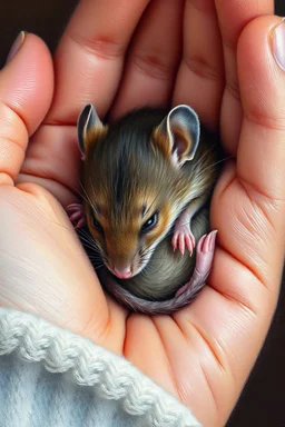 A pro oil painting style of a mouse peacefully sleeping in a open hand , The mouse’s fur harmonizes with the scene, that blend with the warmth of the hands , contrasting with natural hands skin
