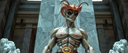 coy insect cyberpunk cowboy brilliant detailed full figure portrait disco glittery fluffy muscle man dino anime in the style of Escher and Giger in front of dented marble tower of transparent glass statues