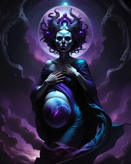 concept, dark void in abdomen, pregnant,cosmic theme, surrealism, detailed anatomy, shadows and highlights, eerie atmosphere, digital art, high resolution, deep space colors, black, purple, blue, glowing elements, dramatic lighting, imaginative interpretation.