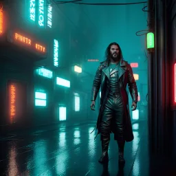 Actor, jason momoa, blade runner style, rain, fog, neon ambient, gradient color, clean skin, circuits, latex coat, cyber punk, neon, tubes, portrait, photo studio, unreal engine 5, smooth color, 16 bit, god lights, ray tracing, RTX, lumen lighting, ultra deatail, volumetric lighting, 3d, finely drawn, hd.